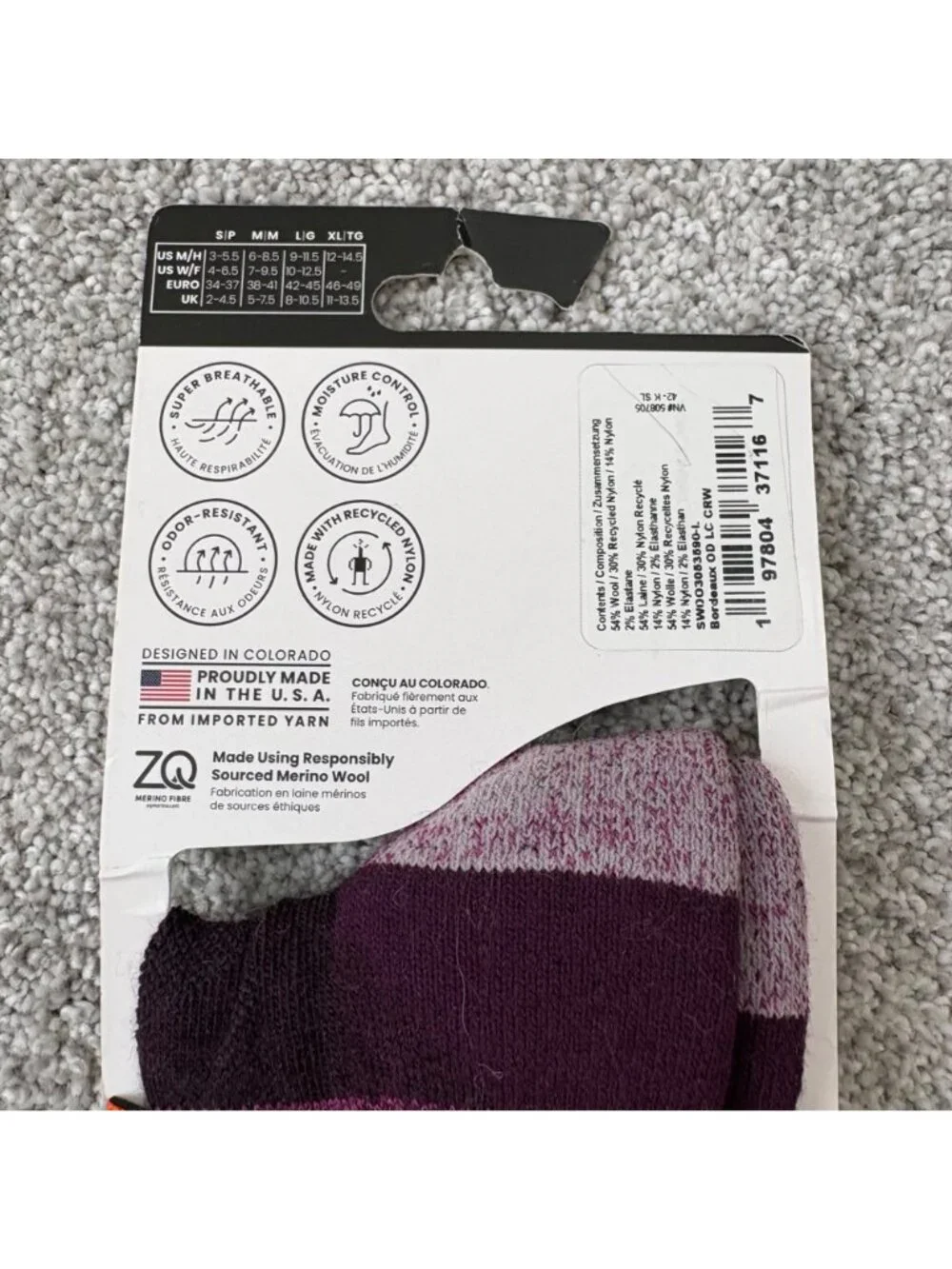 Smartwool Crew Socks Merino Wool Large Unisex Light Cushion Multicolored purple